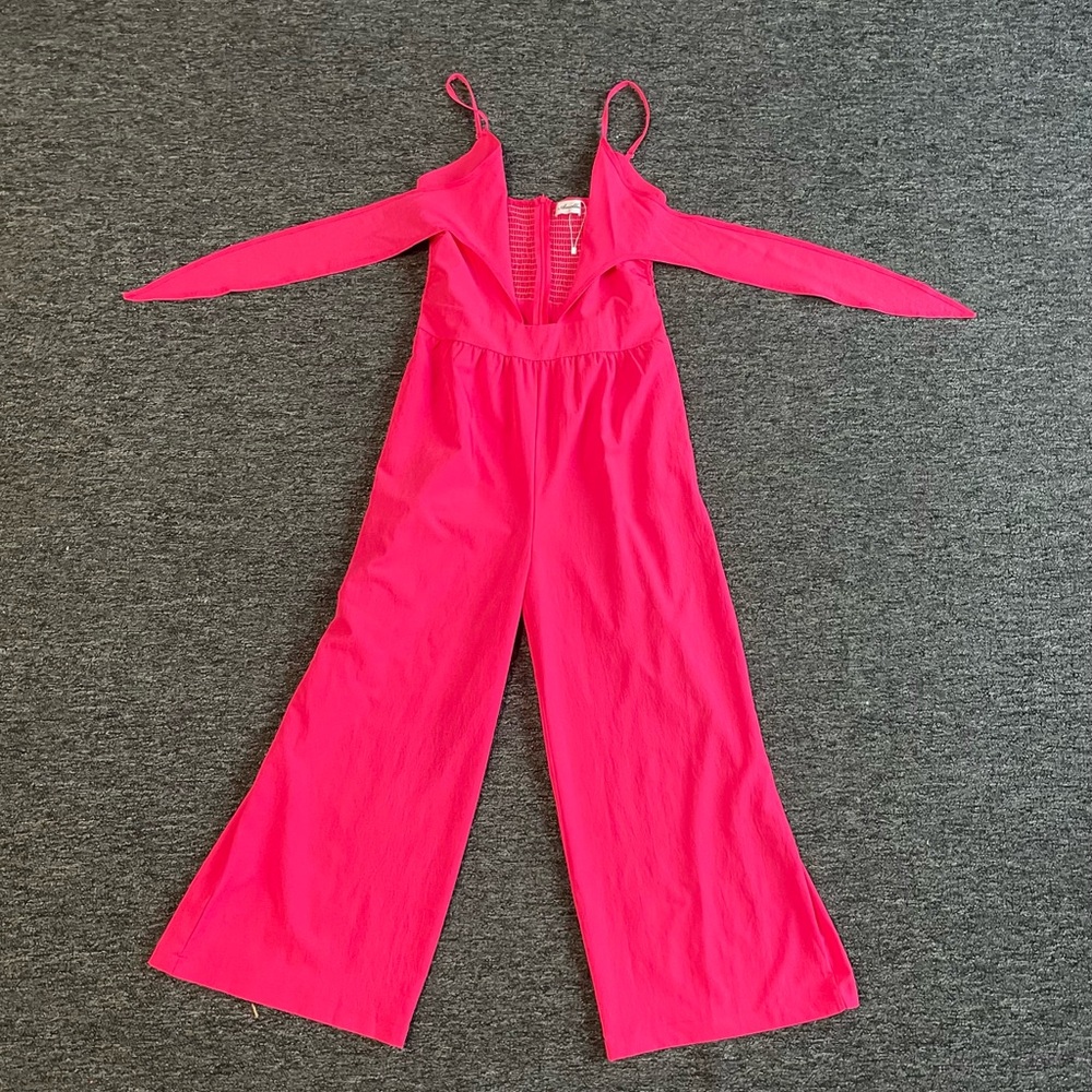 Vibrant Hot Pink Tropical Beach Vacation Flare Spaghetti Strap Formal Jumpsuit